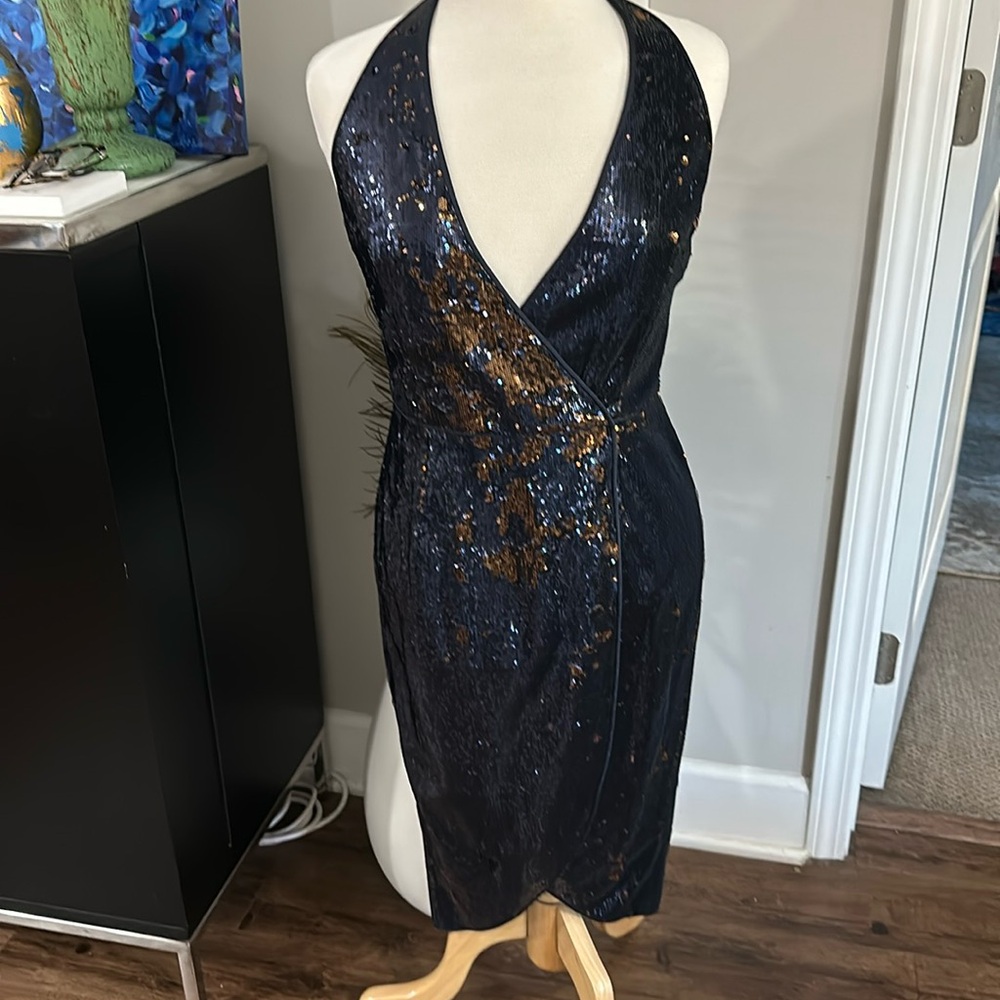 Navy sequin Halston Heritage wrap dress nwt medium cocktail